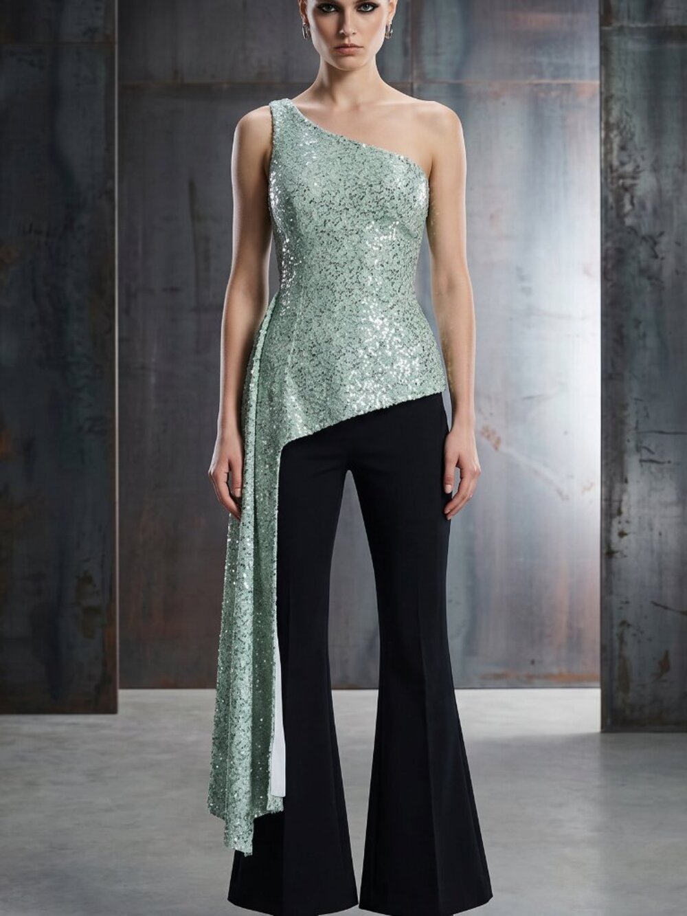 NWT Halpern Green and White Sequin Single-Shoulder Tank Top, Size 36